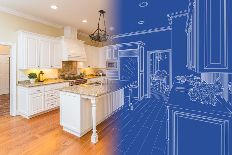 A kitchen that is half blue print and half reality.