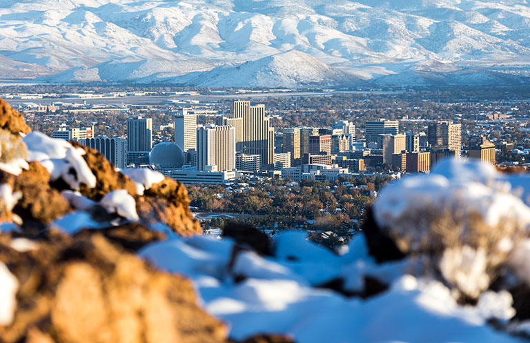 Downtown Reno skyline with snow