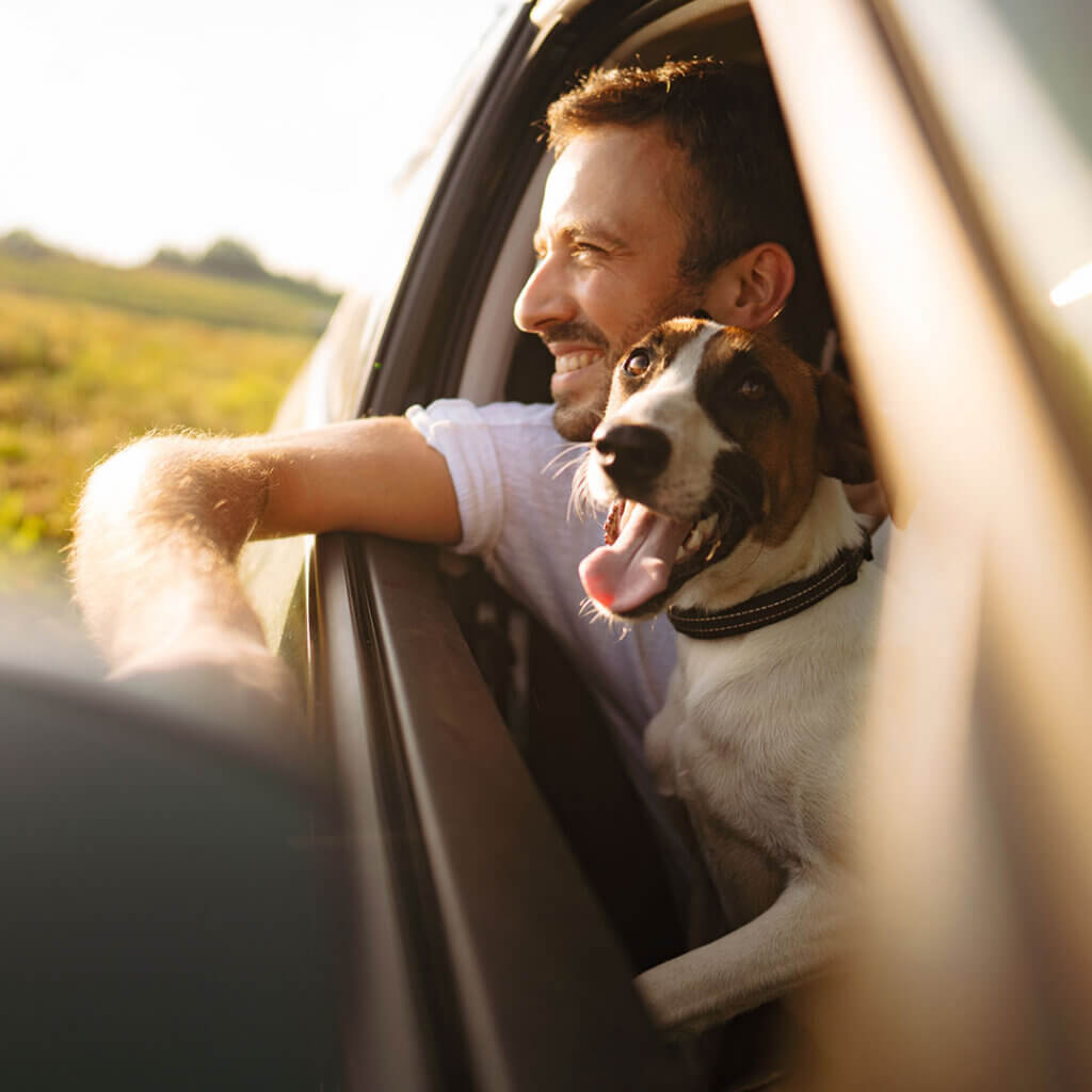 Man holding his dog in a car