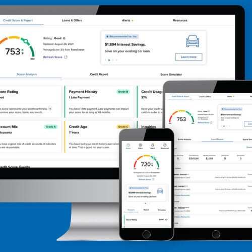 Examples of My Credit Health on a computer, tablet, and smartphone