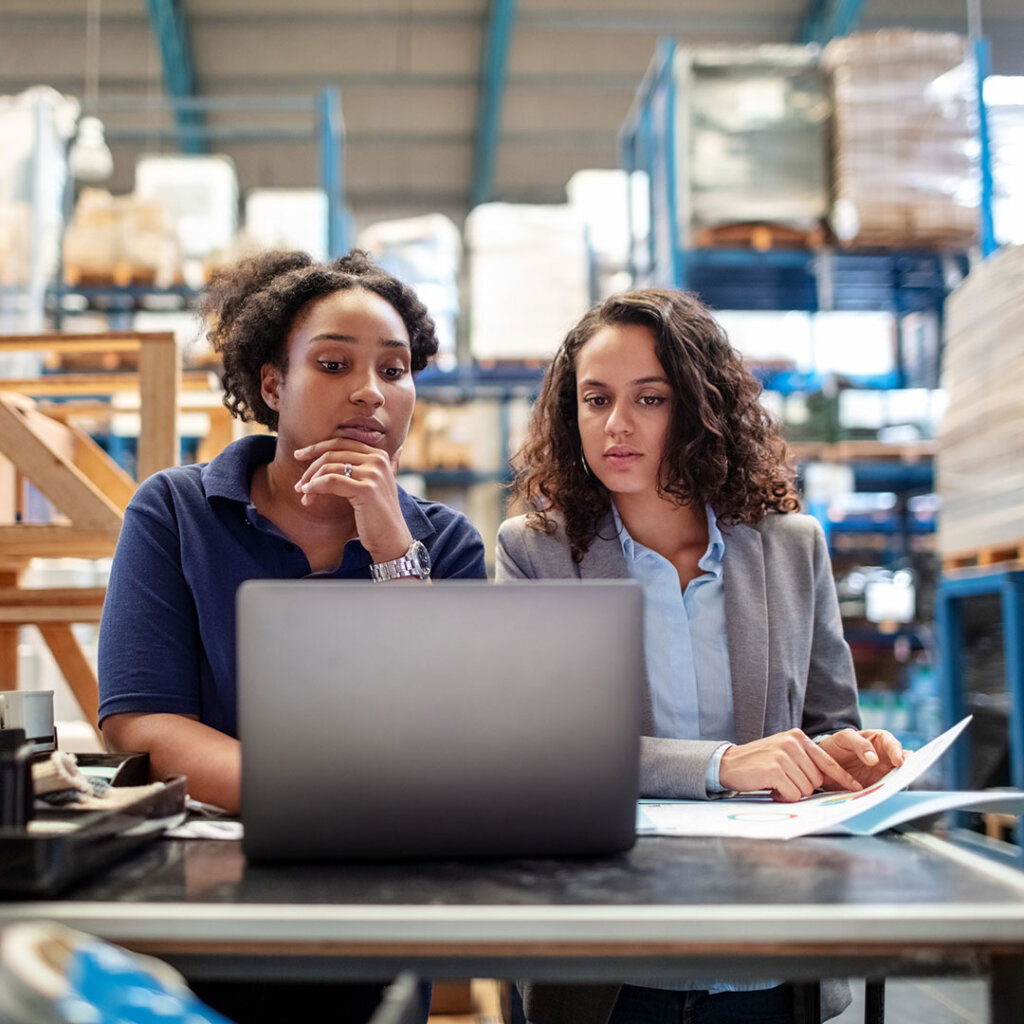 Business employees in a warehouse looking at a laptop