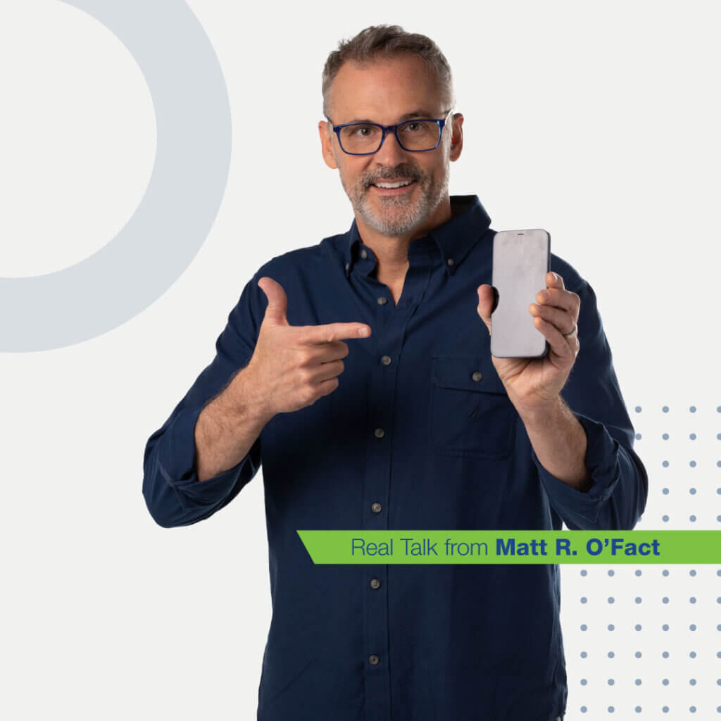 Matt R. O'Fact pointing at a smartphone