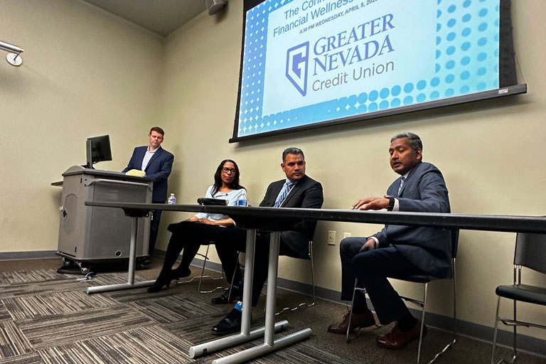 From left to right, moderator Michael Thomas, GNCU, Mavis Major, PhD, LCSW, CCM, Renown Health, Danny DeLaRosa, GNCU, and Praveen Durgampudi, MPH, UNR School of Public Health.