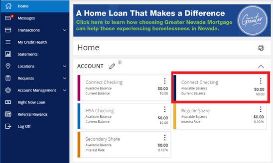 Screenshot from within Digital Banking highlighting an account