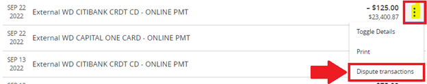 Screenshot from within Digital Banking showing how to select dispute transactions