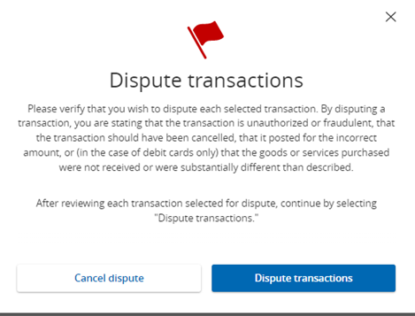 Screenshot of what the Dispute transactions menu looks like