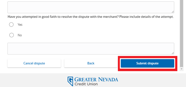 Screenshot highlighting the Submit dispute button