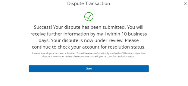 Screenshot to show a successful Dispute Transaction