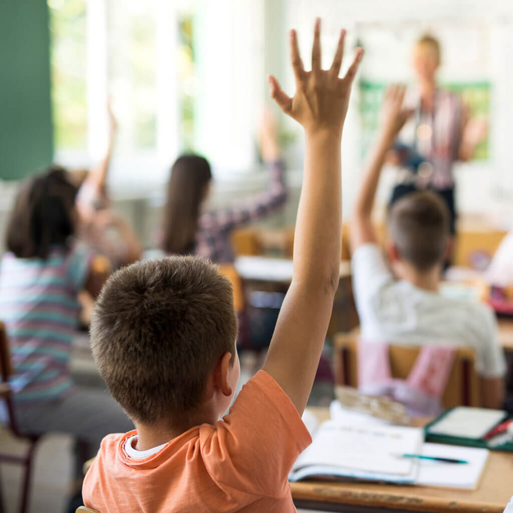 Children in school raising their hands