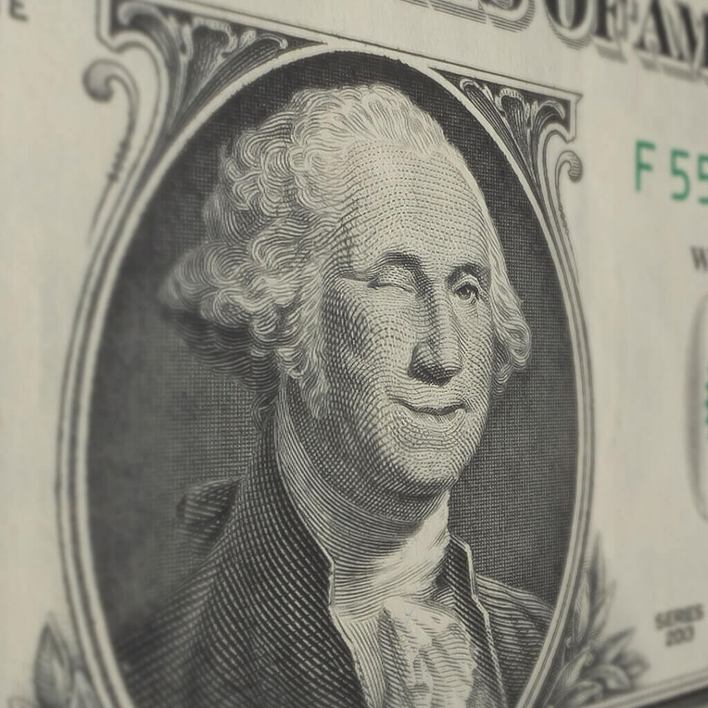 $1 bill with George Washington winking