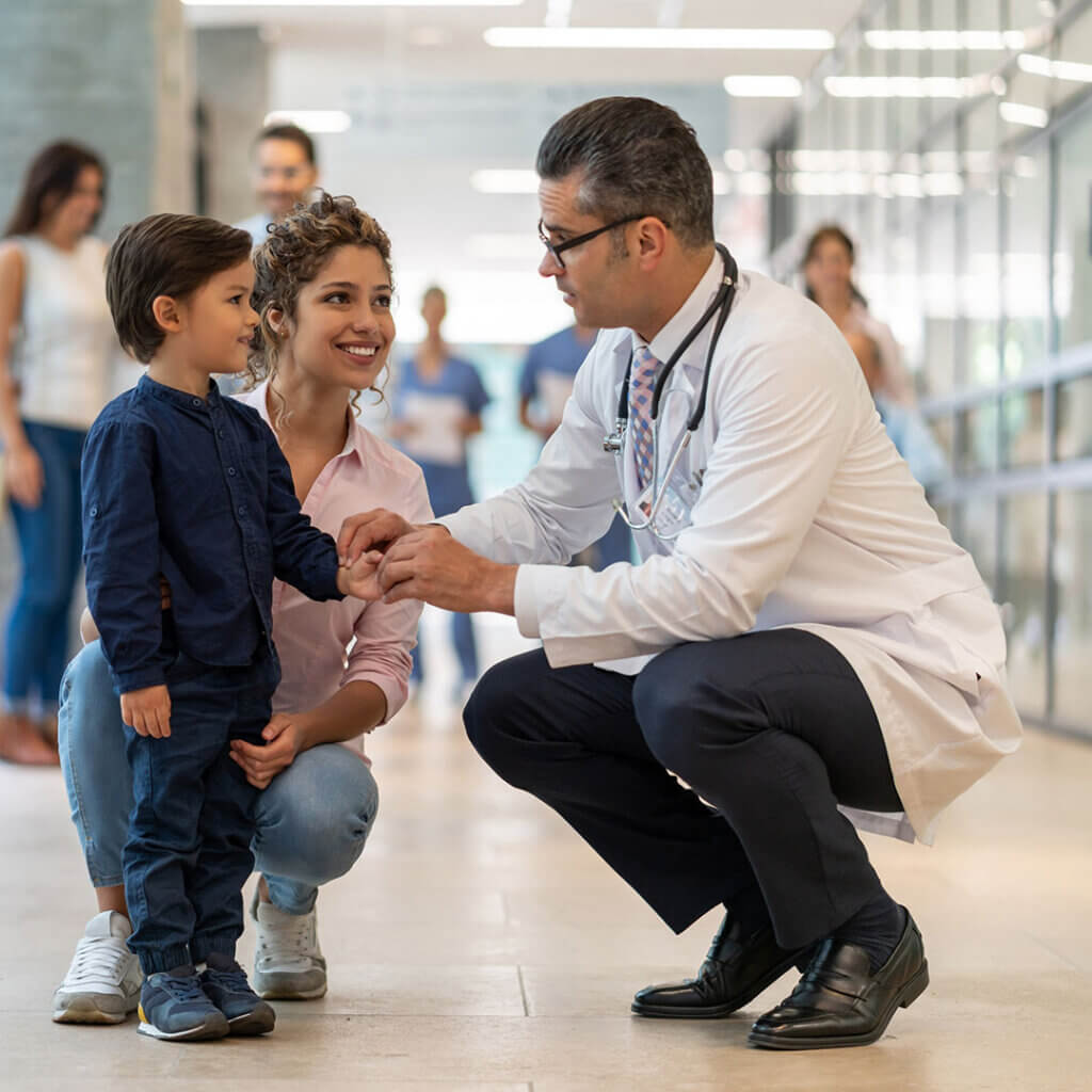 Mom with son interacting with a doctor